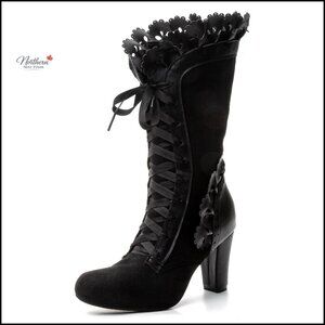 Victorian Boots Vintage Bow Ruffles Lace Up Mid Calf